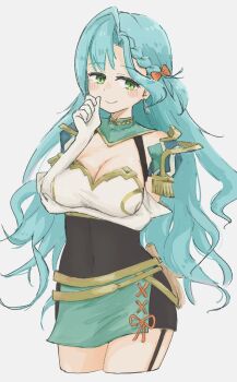 1girl aqua_hair arm_under_breasts blush bow braid breasts chloe_(fire_emblem) cleavage closed_mouth covered_navel donbee_(donbei014) elbow_gloves fire_emblem fire_emblem_engage gloves green_eyes hair_bow highres large_breasts long_hair looking_at_viewer nintendo orange_bow single_braid smile solo thighs very_long_hair white_background white_gloves