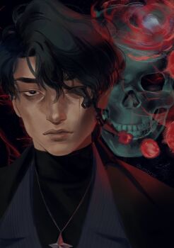 1boy 2others bags_under_eyes black_coat black_eyes black_hair black_shirt body_horror climbing coat deadpan full_body highres jewelry kim_dokja looking_at_viewer mini_person miniboy multiple_others necklace omniscient_reader&#039;s_viewpoint scar scar_across_eye scar_on_face secretive_plotter shirt short_hair size_difference skull striped_clothes striped_vest umbrvx vest yoo_joonghyuk