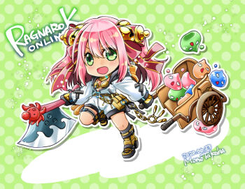 1girl :d armor armored_boots axe bell belt_pouch bikini bikini_top_only black_gloves black_socks blush boots commentary_request dated drops_(ragnarok_online) fingerless_gloves full_body gloves green_background green_eyes hair_bell hair_ornament hair_stick high_heel_boots high_heels holding holding_axe jingle_bell jumpsuit long_hair long_sleeves looking_at_viewer marin_(ragnarok_online) mechanic_(ragnarok_online) official_alternate_costume open_jumpsuit open_mouth pink_hair poporing poring pouch pullcart ragnarok_online smile socks solo swimsuit takaha_momo white_jumpsuit yellow_armor yellow_bikini