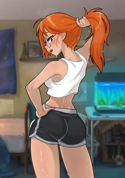 ass blush breasts crop_top fishbowl from_behind glasses highres infinity_train long_hair medium_breasts open_mouth orange_hair shorts solo sweat ta-na_(tana351) thighs tulip_olsen