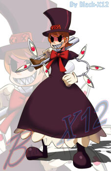 1girl 2019 artist_name black-x12 black_boots boots bow bowtie capelet clenched_hand commentary constricted_pupils cyborg double-barreled_shotgun dress english_commentary extra_eyes frilled_dress frills full_body gloves gun hand_on_own_hip hat highres holding holding_gun holding_weapon long_eyelashes mechanical_arms orange_hair peacock_(skullgirls) red_bow red_bowtie red_dress red_eyes shadow sharp_teeth short_hair shotgun simple_background skullgirls teeth top_hat weapon white_background white_gloves zoom_layer