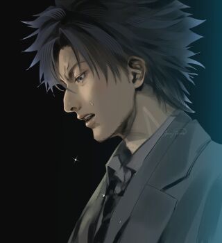 1boy black_coat black_eyes black_hair black_necktie black_suit coat commentary_request crying emiya_kiritsugu fate/zero fate_(series) formal_clothes from_side highres looking_down majimaaa male_focus necktie open_mouth portrait signature solo suit teardrop tears