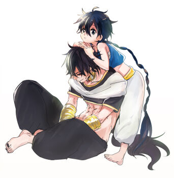 2boys abs absurdly_long_hair aladdin_(magi) anger_vein arabian_clothes barefoot black_hair black_pants black_shirt blue_hair blue_vest braid closed_eyes crop_top dark_blue_hair hands_on_another&#039;s_head indian_style jewelry judal leaning_on_person long_braid long_hair looking_to_the_side magi_the_labyrinth_of_magic male_focus midriff multiple_boys necklace own_hands_together pants parted_lips scarf shirt short_sleeves sideways_glance simple_background single_braid sitting smile tcm_(lk028) triangle_mouth very_long_hair vest wavy_mouth white_background white_pants white_scarf
