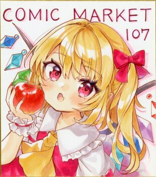 1girl :o apple ascot bow collared_shirt comiket_107 commentary_request fang flandre_scarlet food fruit hair_bow holding holding_food holding_fruit long_hair looking_at_viewer marker_(medium) mimi_(mimi_puru) no_headwear open_mouth puffy_short_sleeves puffy_sleeves red_bow red_eyes red_nails red_vest shikishi shirt short_sleeves skin_fang solo touhou traditional_media vest white_shirt wings wrist_cuffs yellow_ascot