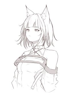 1girl animal_ear_fluff animal_ears arknights bare_shoulders closed_mouth commentary_request cropped_torso dress greyscale halterneck highres kal&#039;tsit_(arknights) looking_up material_growth monochrome off_shoulder oripathy_lesion_(arknights) poni_(poni_arknights) short_hair simple_background solo white_background