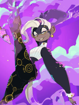 1girl bottle donkey_kong_(series) donkey_kong_bananza earrings fangs furry furry_female glasses grin half-closed_eyes highres idkuroi jewelry leg_up lipstick looking_at_viewer makeup multicolored_hair nintendo perfume_bottle poppy_kong purple_background purple_hair semi-rimless_eyewear smile solo two-tone_hair white_hair wrist_cuffs yellow_eyes yellow_lips