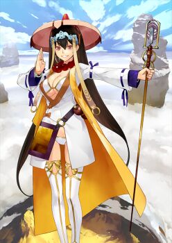 1girl above_clouds bangle bead_necklace beads blue_sky bra bracelet breasts brown_hair chinese_clothes cleavage cloud coat earrings fate/grand_order fate_(series) feet_out_of_frame gourd grin hair_between_eyes hands_up headpiece holding holding_staff hoop_earrings jacket jewelry long_coat long_hair long_sleeves looking_at_viewer necklace o-ring official_art okazaki_takeshi open_clothes open_coat outstretched_arm panties pink_eyes plunging_neckline ring sandogasa shakujou sky sleeveless sleeveless_coat smile solo staff standing teeth thigh_gap thighhighs third-party_source underboob underwear variant_set very_long_hair white_bra white_jacket white_panties white_thighhighs xuangzang_sanzang_(fate) xuangzang_sanzang_(first_ascension)_(fate) yellow_coat