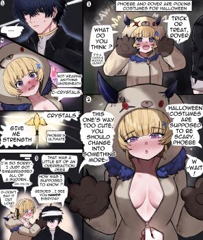 1boy 1girl 2na_(blue2na) absurdres bandaged_head bandages black_hair black_jacket blonde_hair blush breasts collarbone commentary cuddle_wuddle_(wuthering_waves) embarrassed english_commentary english_text flying_sweatdrops hair_between_eyes hair_ornament halloween_costume highres jacket long_hair male_rover_(wuthering_waves) medium_breasts no_bra open_mouth phoebe_(wuthering_waves) purple_eyes rover_(wuthering_waves) staff unzipping wuthering_waves x_hair_ornament yellow_eyes