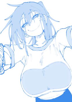 1girl above_view absurdres ayakakashi black_eyes black_hair breasts cracked_face creepy female_focus gym_uniform highres huge_breasts karasu_raven long_hair looking_at_viewer monster monster_girl outstretched_arms ponytail pov school_uniform silent_hill silent_hill_(series) silent_hill_f smile smiley_face solo solo_focus spread_arms staring white_background