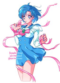 1girl bishoujo_senshi_sailor_moon blue_dress blue_eyes blue_hair blue_nails blue_sailor_collar bow bowtie breasts commentary cropped_legs dated_commentary dress earrings headset highres jewelry looking_at_viewer mercury_symbol mizuno_ami nail_polish namisonpictures pink_bow pink_bowtie pink_ribbon prototype_design ribbon sailor_collar sailor_mercury sailor_mercury_(prototype) short_hair shoulder_pads simple_background solo stud_earrings white_background