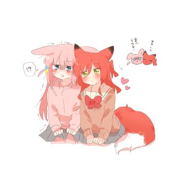 !? 2girls :d animal_ears blue_eyes blush bocchi_the_rock! bow bowtie brown_sweater closed_mouth commentary_request cube_hair_ornament dog_ears dog_girl dog_tail gotoh_hitori grey_skirt hair_ornament jacket kemonomimi_mode kita_ikuyo long_hair long_sleeves multiple_girls one_side_up open_mouth pink_hair pink_jacket pleated_skirt rebecca_(keinelove) red_bow red_bowtie red_hair school_uniform shuka_high_school_uniform simple_background sitting skirt smile spoken_interrobang sweat sweater tail track_jacket translation_request trembling white_background yellow_eyes