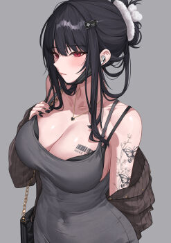 1girl absurdres airpods arm_behind_back bag barcode barcode_tattoo bare_shoulders black_bra black_hair black_nails blush bra bra_peek breast_tattoo breasts brown_cardigan butterfly_tattoo cardigan cleavage collarbone commentary covered_navel cowboy_shot d_(killer_wife)_(nikke) d_(nikke) dongtan_dress dress glint goddess_of_victory:_nikke grey_background grey_dress hair_between_eyes hair_ornament heart heart_necklace highres jewelry katrinabluuuuu large_breasts long_hair looking_at_viewer mask_pull necklace off_shoulder official_alternate_costume open_cardigan open_clothes parted_lips pencil_dress red_eyes shoulder_bag sidelocks simple_background solo standing tattoo underwear wireless_earphones