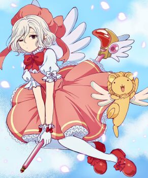 Rule 34 | 1boy, bags under eyes, black eyes, blue sky, cardcaptor sakura, cloud, commentary request, cosplay, creature, crossdressing, crossdressing (mtf), day, dress, dungeon meshi, elf, falling petals, flying, full body, fuuin no tsue, gloves, grey hair, hat, highres, kinomoto sakura, kinomoto sakura (cosplay), lazy eye, looking at viewer, magical boy, male focus, mithrun, notched ear, open mouth, outdoors, pantyhose, petals, pink dress, pointy ears, rei turbo9, short hair, short sleeves, sky, smile, solo, staff riding, uneven eyes, wavy hair, winged lion (dungeon meshi)