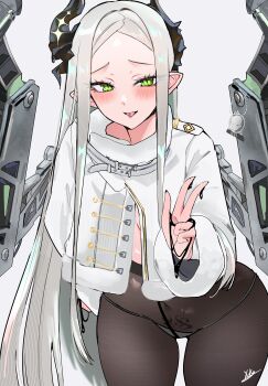 1girl absurdres alternate_costume black_horns black_liquid black_nails black_pantyhose blanc_(fortune_express)_(nikke) blanc_(nikke) blanc_(nikke)_(cosplay) character_name coat commentary cosplay english_commentary forehead fur-trimmed_collar fur_trim goddess_of_victory:_nikke green_eyes high-waist_pantyhose highres horns leviathan_(nikke) panties panties_under_pantyhose pantyhose piercing pubic_tattoo see-through_pantyhose simple_background solo tattoo tongue tongue_out tongue_piercing underwear white_background winter_clothes winter_coat yuka_1503