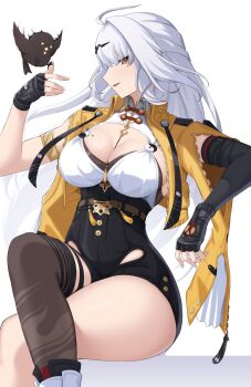 1girl absurdres armlet bird bird_on_hand black_gloves breasts cleavage commentary_request elbow_gloves fingerless_gloves gloves gold_armlet highres jewelry kirima_(kirim_ld_0617) large_breasts long_hair looking_at_viewer mole mole_on_breast parted_lips simple_background single_elbow_glove single_thighhigh sitting solo thighhighs very_long_hair white_background white_hair yellow_eyes yixuan_(zenless_zone_zero) zenless_zone_zero