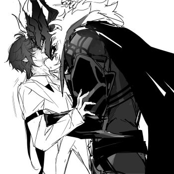 2boys absurdres blush foul_legacy_transformation french_kiss genshin_impact greyscale hamtaru542899 highres holding_person hug kiss monochrome mors_gn multiple_boys tartaglia_(genshin_impact) tongue twitter white_background yaoi zhongli_(genshin_impact)