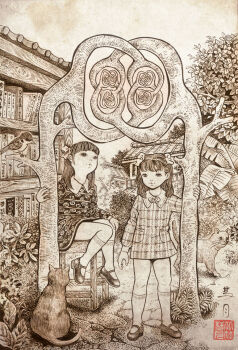 2girls alexander_horned_sphere animal bird blush book bookshelf bow bowtie bush cat chair dress floral_print flower fractal_underground_studio hair_ribbon hand_on_own_knee house kneehighs long_hair long_sleeves looking_at_viewer looking_up mary_janes monochrome multiple_girls original plaid_clothes plaid_dress plant print_dress ribbon rose_print shoes short_hair sitting sky smile socks standing striped_clothes striped_dress traditional_media