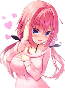 Rule 34 | 1girl, absurdres, averting eyes, black bow, blue eyes, blush, bow, breast suppress, breasts, collarbone, commentary request, embarrassed, eyes visible through hair, furrowed brow, hair between eyes, hair bow, hair intakes, hamidashi creative, hand on own head, hands up, heart, highres, iem960088, large breasts, long hair, looking to the side, low twintails, open mouth, pink hair, pink sweater, sidelocks, simple background, sleeves past wrists, solo, squiggle, striped clothes, striped sweater, sweater, tokiwa kano, twintails, upper body, very long hair, white background