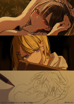 Rule 34 | 2girls, absurdres, akatsuki mikoto, aoi rei, black hair, blonde hair, blush, breasts, closed mouth, draw me like one of your french girls (meme), heart, heart necklace, highres, jewelry, kudo eru, large breasts, meme, multiple girls, necklace, nude, original, parted lips, purple eyes, red eyes, smile, sweatdrop, titanic (movie), translation request, twitter username, yuri