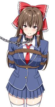 1girl absurdres alternate_costume arms_behind_back bdsm belt_collar black_collar blue_jacket blue_skirt blush bondage bound bow breasts brown_eyes brown_hair chain closed_mouth collar collared_shirt commentary commission frilled_bow frilled_hair_tubes frills hair_bow hair_tubes hakurei_reimu highres jacket leash long_hair looking_at_viewer necktie pleated_skirt red_bow red_necktie restrained rise_(rise19851203) rope school_uniform shibari shibari_over_clothes shirt simple_background skeb_commission skirt slave solo sweatdrop thighhighs touhou white_background white_shirt white_thighhighs