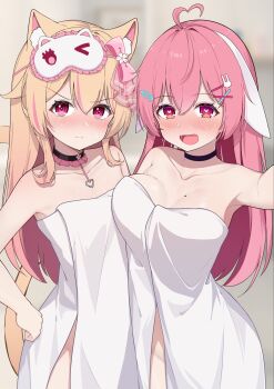 2girls :d ahoge alternate_costume angry animal_ear_fluff animal_ears asymmetrical_docking atsuishio black_choker blonde_hair blush bow breast_press breasts cat_ears cat_mask cat_tail chiram_(vtuber) choker collarbone commentary commentary_request dress drooling female_pervert floppy_ears frilled_choker frills gradient_hair hair_bow hair_flaps hair_ornament hairclip hand_on_own_hip hand_up heart heart-shaped_pupils heart_ahoge heart_pendant highres large_breasts long_hair looking_at_viewer lop_rabbit_ears maid mask mask_on_head mole mole_on_breast multicolored_hair multiple_girls naked_towel nose_blush open_mouth pendant_choker pervert pink_bow pink_eyes pink_hair pout providence_project rabbit_ears rabbit_hair_ornament reaching reaching_towards_viewer selfie shirako_(vtuber) sleep_mask small_breasts smile streaked_hair symbol-only_commentary symbol-shaped_pupils tail towel v-shaped_eyebrows virtual_youtuber x_hair_ornament yellow_tail