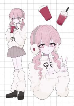 Rule 34 | 1girl, black shoes, commentary, cup, double v, earmuffs, grid background, highres, holding, holding cup, leg warmers, long hair, long sleeves, looking at viewer, low twintails, miniskirt, multiple views, original, pink eyes, pink hair, pleated skirt, shoes, skirt, sleeves past wrists, standing, sweater, twintails, v, white background, white leg warmers, white sweater, yakitori egg