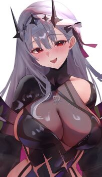 1girl bandaged_head bandages black_dress black_tiara blush breasts commentary darufui_kh dress goddess_of_victory:_nikke grey_hair highres large_breasts long_hair modernia_(nikke) modernia_(second_affection)_(nikke) official_alternate_costume red_eyes see-through_cleavage see-through_clothes solo tiara untranslatable_commentary upper_body white_background