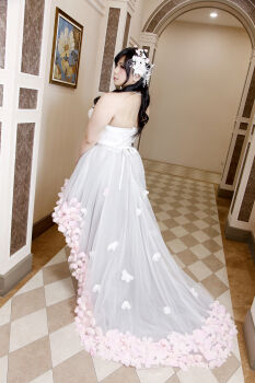 1girl asian black_hair breasts bride chouzuki_maryou cleavage dress highres lipstick makeup photo_(medium) plump solo wedding_dress