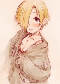 Rule 34 | 1girl, bandaid, bandaid on neck, blonde hair, blush, breasts, cleavage, commentary request, cross, cross necklace, ear piercing, hair over one eye, highres, idolmaster, idolmaster cinderella girls, jewelry, looking at viewer, necklace, open mouth, piercing, red eyes, sakaki imasato, shirasaka koume, short hair, sketch, sleeves past fingers, sleeves past wrists, small breasts, smile, solo, upper body