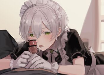 after_fellatio alternate_costume bar_censor blush censored colored_eyelashes crossdressing crossdressing_(mtf) cum cum_in_mouth cum_on_male cum_string enmaided gloves green_eyes grey-haired_boy_(sunaba_(nczd5875)) grey_hair maid maid_headdress male_focus open_mouth original penis pov pov_crotch sunaba_(nczd5875) tears trap white_eyelashes yaoi