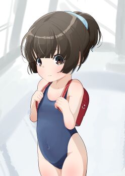 1girl absurdres backpack bag black_hair blue_one-piece_swimsuit brown_eyes covered_navel flat_chest highleg highleg_one-piece_swimsuit highres hkgpikachu loli one-piece_swimsuit original ponytail randoseru school_swimsuit solo swimsuit