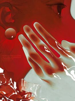 Rule 34 | 1girl, 1other, colored skin, earrings, from side, gtsleep1200, hand on another's cheek, hand on another's face, highres, jewelry, original, red skin, red theme, see-through body