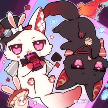 animal_ears animal_hands animalization artist_name bell black_fur bow butterfly-shaped_pupils facial_mark fish ganleneng goldfish hashtag-only_commentary hat honkai:_star_rail honkai_(series) mushroom phone pink_eyes rabbit_ears sparkle_(honkai:_star_rail) sparxie_(honkai:_star_rail) symbol-shaped_pupils tail upside-down white_fur