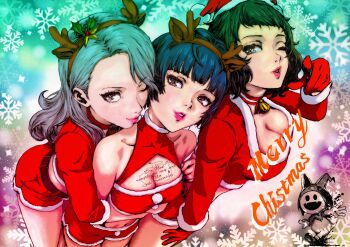 3girls absurdres antlers bare_shoulders black_hair blunt_bangs breasts brown_hair cleavage cleavage_cutout clothing_cutout commentary_request cowboy_shot dress fake_antlers fur-trimmed_dress fur-trimmed_shorts fur-trimmed_skirt fur_trim gloves grey_hair halterneck highres horns hug hug_from_behind kawakami_sadayo leaning_forward long_hair looking_at_viewer medium_breasts merry_christmas midriff miniskirt mistletoe multiple_girls niijima_sae oeilvert_fft one_eye_closed parted_lips persona persona_5 persona_5_the_royal pink_lips red_dress red_gloves red_shirt red_shorts red_skirt reindeer_antlers shirt short_hair shorts skirt snowflakes swept_bangs takemi_tae