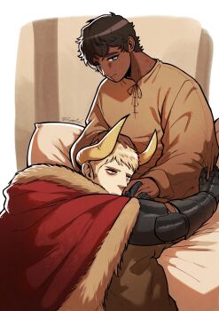 2boys bags_under_eyes blonde_hair blue_eyes couple dark-skinned_male dark_skin dungeon_meshi hickey highres hug interracial kabru laios_touden male_focus monster_boy monsterification multiple_boys nifast_(greentail) on_bed short_hair spoilers yaoi