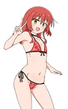 1girl arm_at_side black_choker bocchi_the_rock! bow bow_bra bow_choker bra choker choppy_bangs collarbone commentary_request contrapposto cowboy_shot dot_nose flat_chest green_eyes hamuno hand_up highres kita_ikuyo lingerie long_hair looking_at_viewer navel open_mouth panties red_bra red_hair red_panties simple_background solo standing stomach string_bra string_panties underwear underwear_only v variant_set white_background