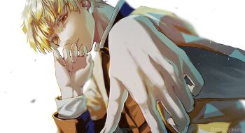 1boy agatsuma_zenitsu black_jacket blonde_hair closed_mouth demon_slayer_uniform hand_on_own_chin hand_on_own_face hand_up haori highres jacket japanese_clothes kimetsu_no_yaiba light_particles long_sleeves looking_at_viewer male_focus mau_sakura parted_lips short_hair simple_background solo twitter_username upper_body white_background yellow_eyes yellow_haori