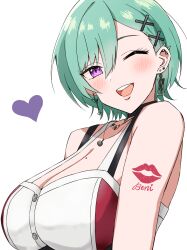 Rule 34 | 1girl, ;d, bare shoulders, black collar, blush, breasts, character name, cleavage, collar, ear piercing, earrings, green hair, hair behind ear, hair between eyes, hair ornament, highres, jewelry, keikesu, large breasts, looking at viewer, mole, mole on breast, necklace, one eye closed, open mouth, piercing, purple eyes, red bustier, red nails, shoulder tattoo, simple background, smile, solo, tattoo, virtual youtuber, vspo!, white background, white bustier, x hair ornament, yakumo beni, yakumo beni (4th costume)