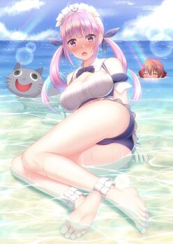 Rule 34 | 1girl, absurdres, aqua hair, barefoot, beach, bikini, blue hair, breasts, cat girl, colored inner hair, drill hair, feet, hashtag-only commentary, highres, hololive, houshou marine, large breasts, legs, lens flare, long hair, looking at viewer, minato aqua, multicolored hair, nail polish, neko (minato aqua), one-piece swimsuit, outdoors, purple eyes, purple hair, revision, shirouzu myuuta, soles, solo focus, streaked hair, swimsuit, toenail polish, toenails, toes, twin drills, twintails, two-tone hair, virtual youtuber, water