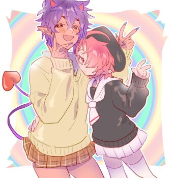 2boys arms_behind_back aster_(nu_carnival) crossdressing crossdressing_(mtf) dark_skin demon_boy demon_tail fang fingernails hat horns long_fingernails male_focus morvay_(nu_carnival) multiple_boys nail_polish nu_carnival open_mouth pink_eyes pink_hair plaid_clothes plaid_skirt pleated_skirt pointy_ears purple_hair sharp_nails short_hair skirt sweater tail tail_raised thighhighs
