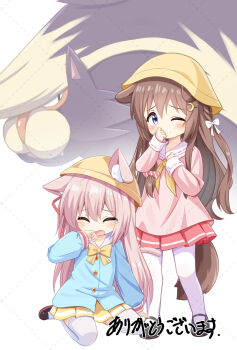 2girls animal_ear_fluff animal_ears azur_lane black_shoes blue_eyes blue_shirt bow bowtie braid brown_hair cat_ears cat_girl child closed_eyes collared_shirt commentary_request commission covering_own_mouth crescent crescent_hair_ornament crossover crying dog_ears dog_girl dog_tail ears_through_headwear fumizuki_(azur_lane) furrowed_brow gen_4_pokemon hair_bow hair_ornament hair_ribbon hand_over_own_mouth hat highres kindergarten_uniform kisaragi_(azur_lane) long_hair long_sleeves mary_janes mogura2009 multiple_girls neckerchief nintendo one_eye_closed open_mouth pink_bow pink_hair pink_shirt pink_skirt pleated_skirt pokemon pokemon_(creature) red_ribbon ribbon ribbon-trimmed_sleeves ribbon_trim school_hat shirt shoes single_braid sitting skeb_commission skirt skuntank standing tail thighhighs very_long_hair watermark watermark_grid white_background white_bow white_thighhighs yellow_bow yellow_bowtie yellow_hat yellow_neckerchief yellow_skirt