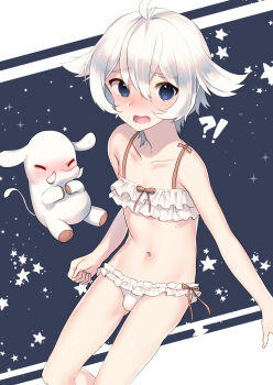 1boy ahoge akagi_kurage bare_shoulders blue_background blue_eyes blush bra bulge collarbone elephant embarrassed frilled_bra frilled_panties frills genderswap genderswap_(ftm) hair_between_eyes hair_flaps highres looking_at_viewer male_focus mascot navel open_mouth panties pawoo hakuzou_(pixiv) short_hair simple_background solo star_(symbol) star_symbol_background trap underwear underwear_only white_bra white_hair white_panties