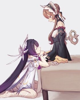 2girls alt_text bare_shoulders barefoot black_dress bonnet braid braided_bun brown_hair closed_eyes closed_mouth columbina_(genshin_impact) commentary dress egakuning english_commentary genshin_impact gloves grey_background hair_bun highres long_hair looking_at_another multiple_girls off-shoulder_dress off_shoulder open_mouth pantyhose purple_hair sandrone_(genshin_impact) simple_background sitting wariza white_dress white_gloves white_pantyhose yuri