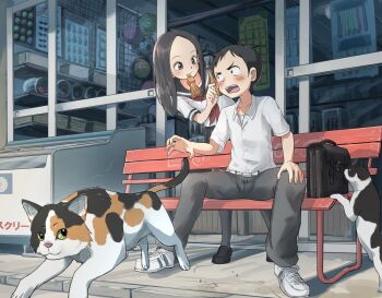 Rule 34 | 10s, 1boy, 1girl, ari hinoko, bag, belt, bench, black footwear, black hair, black sailor collar, black skirt, blush, brown hair, cat, closed mouth, coca-cola, collared shirt, commentary request, grey pants, grey socks, highres, karakai jouzu no takagi-san, kneehighs, leaning forward, mouth hold, neckerchief, nishikata, open mouth, outdoors, pants, pleated skirt, red neckerchief, sailor collar, sanpaku, school uniform, serafuku, shirt, shoes, short sleeves, sitting, skirt, smile, socks, spread legs, standing, takagi-san, white footwear, white shirt, wide-eyed, wing collar