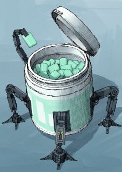 Rule 34 | blue background, chewing gum, commentary request, container, crosshatching, food focus, hatching (texture), highres, joints, kamikairo, no humans, non-humanoid robot, original, robot, science fiction
