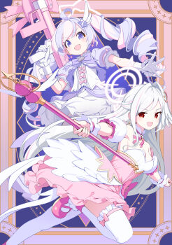 2girls blue_archive blush bow breasts commentary crescent crescent_hair_ornament dress drill_hair gloves hair_ornament halo highres holding holding_staff holding_weapon leg_up long_hair magical_girl medium_breasts multicolored_hair multiple_girls open_mouth pink_hair pink_shoes purple_bow purple_eyes purple_hair red_eyes reisa_(blue_archive) reisa_(magical)_(blue_archive) shoes short_sleeves shrimp1634 staff star_(symbol) star_hair_ornament strapless strapless_dress suzumi_(blue_archive) suzumi_(magical)_(blue_archive) thighhighs twin_drills twintails very_long_hair weapon white_gloves white_hair white_thighhighs