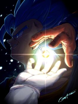 Rule 34 | 3boys, black background, blue eyes, blue hair, close-up, commentary request, dragon ball, dragon ball super, earrings, gekiroo, glowing, hand focus, jewelry, medium hair, multiple boys, potara earrings, smirk, solo focus, son goku, spiked hair, super saiyan, super saiyan blue, vegeta, vegetto