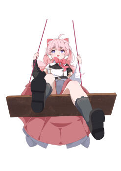 1girl absurdres ahoge animal_ears bow cross-shaped_pupils earrings encore_(wuthering_waves) from_below hair_bow hair_ornament highres jewelry long_hair looking_at_viewer low_twintails open_mouth pink_hair purple_eyes qianbihezhong shoe_soles simple_background sitting skirt smile socks solo swing symbol-shaped_pupils twintails white_background wuthering_waves