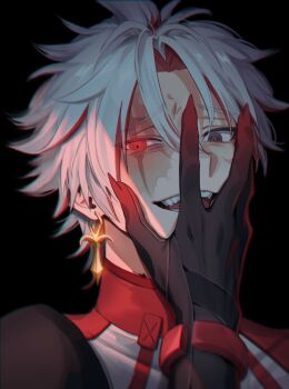 1boy black_background black_gloves bodysuit bracelet claws colored_extremities commentary_request crazy earrings gloves grey_eyes grey_hair hair_between_eyes hand_on_own_face hand_up heterochromia highres jewelry long_sleeves looking_at_viewer male_focus multicolored_hair open_mouth red_eyes red_hair red_hands rmn9143 scar scar_(wuthering_waves) scar_across_eye scar_on_face sharp_teeth short_hair simple_background smile solo sword_earrings teeth tongue two-tone_hair upper_body white_bodysuit wuthering_waves