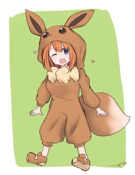 1girl ;d blue_eyes blush brown_shoes commentary_request cosplay eevee eevee_(cosplay) eevee_ears eevee_tail eyebrows_hidden_by_hair female_focus full_body gen_1_pokemon go-toubun_no_hanayome green_background hair_between_eyes heart highres hood hood_up kujou_karasuma long_sleeves nakano_yotsuba nintendo one_eye_closed open_mouth orange_hair poke_kid_(pokemon) poke_kid_(pokemon)_(cosplay) pokemon pokemon_swsh pokemon_tail puffy_long_sleeves puffy_sleeves shoe_soles shoes signature smile solo tail teeth two-tone_background upper_teeth_only white_background